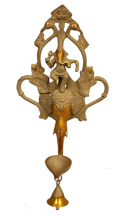 India Brass Statue Decal Gansha Wall Hanging Puja Idol with Diyas and Bells 16.5 inch | Home Decor