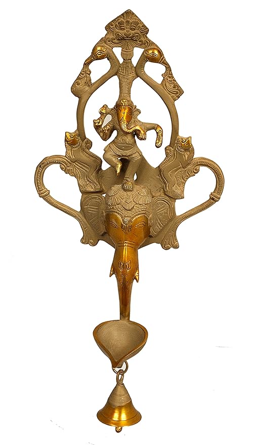 India Brass Statue Decal Gansha Wall Hanging Puja Idol with Diyas and Bells 16.5 inch | Home Decor