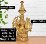 Brass golden showpiece, height 11 in; seated devi with detailed fan halo