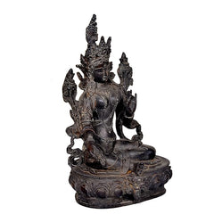 Back/side view Tara Devi statue, detailed robes and crown, dark resin pedestal