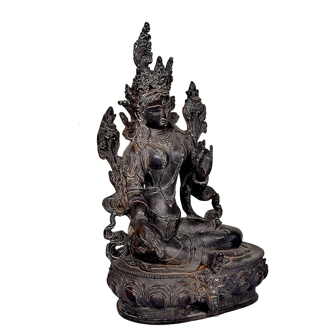 Polyresin Tara Devi Statue Tibetan Goddess Religious Green Tara Statue for Health Happiness Wealth Idol Home Decor Sculpture (Height 13 Inches)