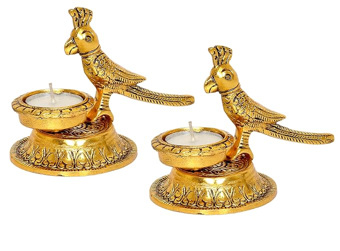 Metal Parrot Lamp Pair Statue (Set of 2) Diya Animal & Bird Diya Figure Home Decor Height- 4 Inches