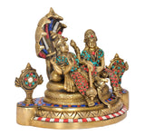 Brass Lakshmi and Vishnu with Sheshnag idol statue, multicolor accents, angled view