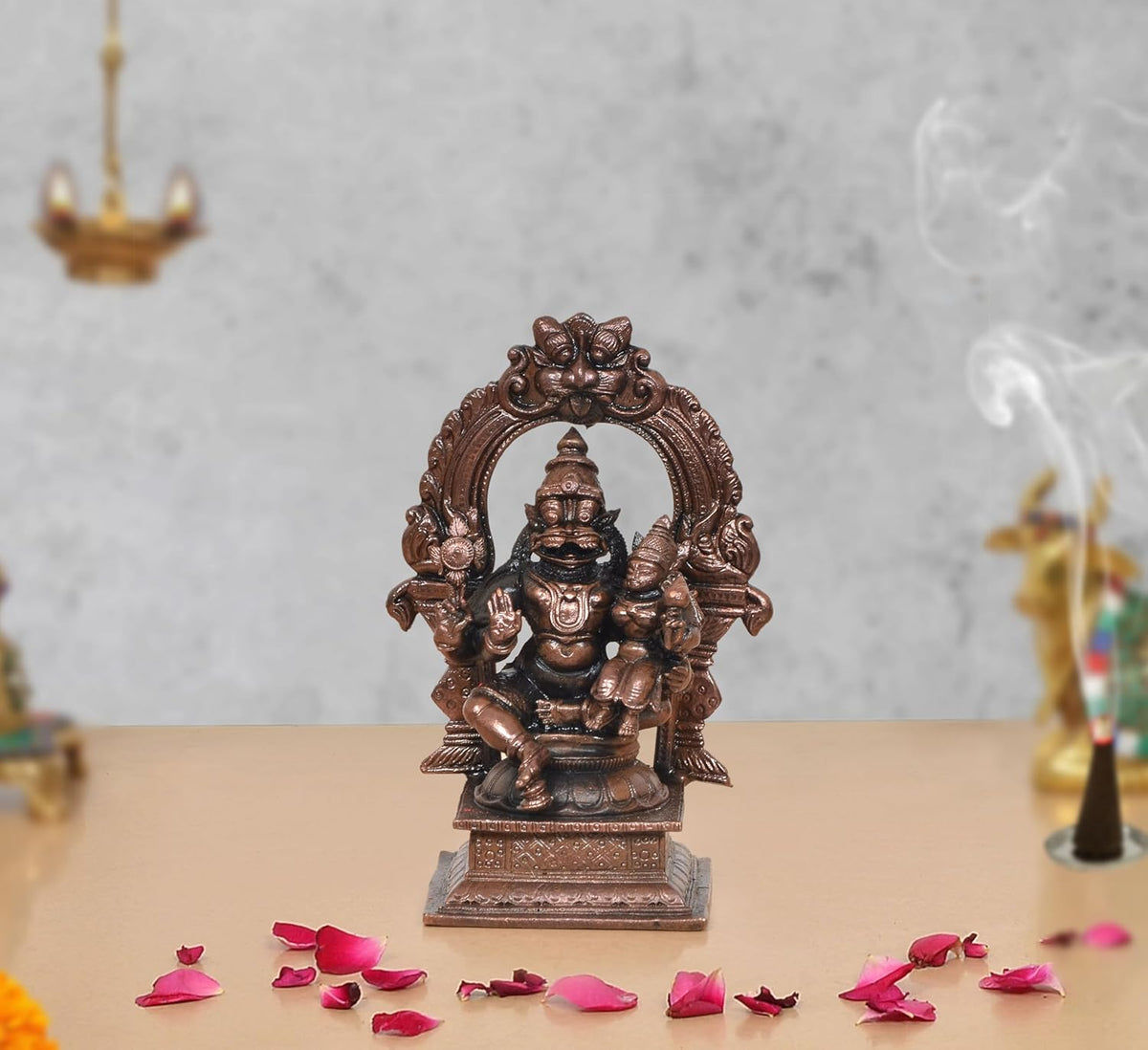 Copper Lakshmi Narasimhar idol on arched frame, front view, 4.5 inch height