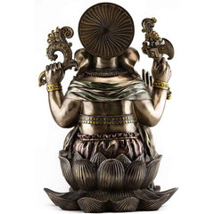 Back view Ganesha resin statue, lotus base and circular halo behind crown