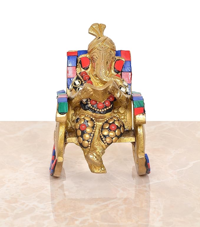 Brass Ganesha Statue Book Reading Turbaned Ganesh Sitting on Chair Sculpture (Height 5 inch)