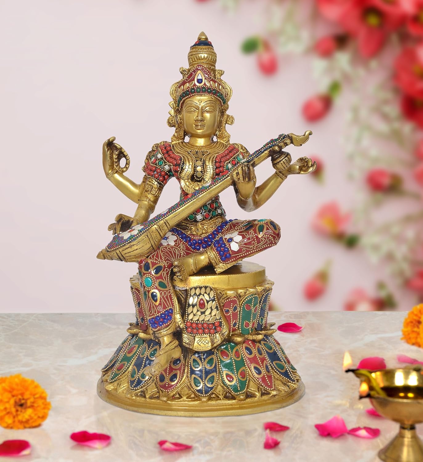 Brass Saraswati Seated on Lotus - Handcrafted Hindu Goddess Saraswati Idol for Home Decor and Pooja (Height 14 Inch)