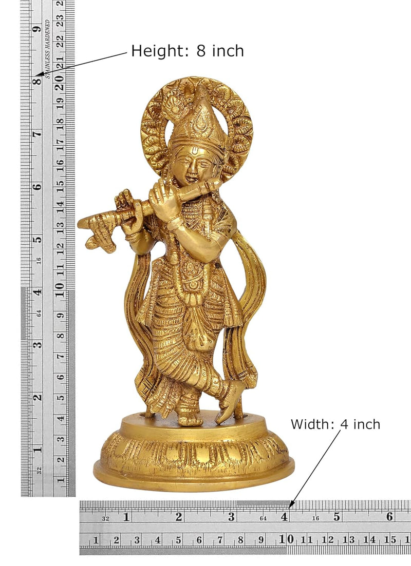 Brass Lord Krishna Idol Figurine Sculpture Playing Flute Statue, for Home Decor Mandir Pooja Decorative Showpiece, (Height 8 Inch)