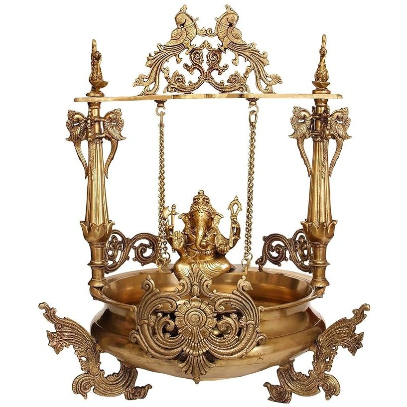 Brass Ganesha urli swing with bowl, ornate columns and hanging chains, 27 in