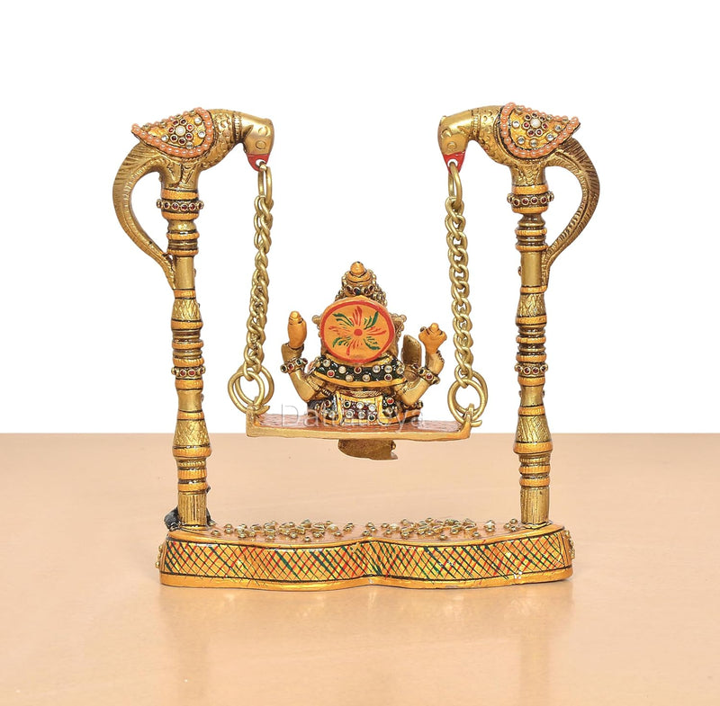Brass Ganesha On Swing with Two Parrot Holding Chain Statue (Height 8 Inch)
