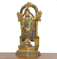 Front view Brass Lord Tirupati Bala Ji idol statue with ornate circular halo