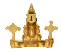 Brass Tirupati idol rear view, seated base with three upward hand symbols