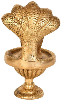 Brass Shiva linga with cobra-hood back and detailed scales, round pedestal, 6 in