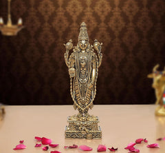 Bronze standing Tirupati Balaji idol with ornate jewelry, 4 inch height