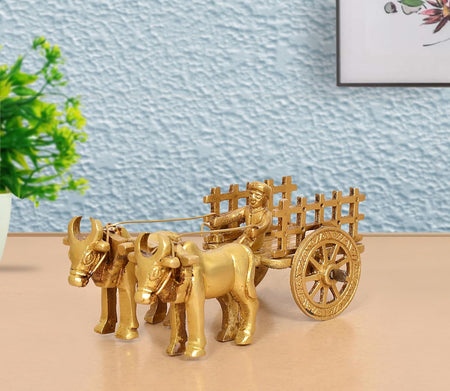 Brass Vintage Bullock Cart with Double Bull Showpiece (Height: 2 inch)