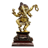 Dancing four-hand Ganesha brass statue, 12 in, gold figure on dark base