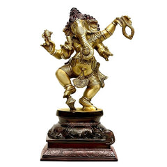 Dancing four-hand Ganesha brass statue, 12 in, gold figure on dark base