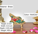 Brass Ganesha statue, 3-inch height; multicolor inlay on seated pedestal