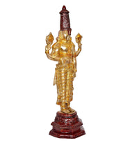 Messing-Idolstatue Bala Ji, seitliche Ansicht, goldene Rüstung, roter Turban, Sockel