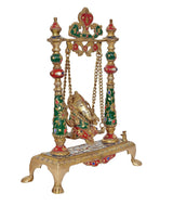 Brass Ganesha swing idol close view, seated Ganesha on swing with chains