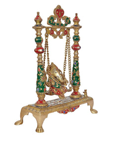 Brass Ganesha swing idol close view, seated Ganesha on swing with chains