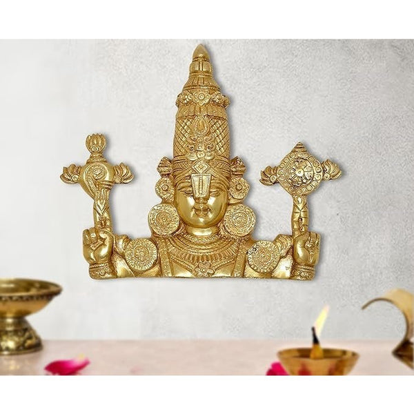 Brass Lord Tirupati Balaji Bust with Vaishnava Symbols Wall Hanging Home Temple Office Figurine Height: 6 Inch