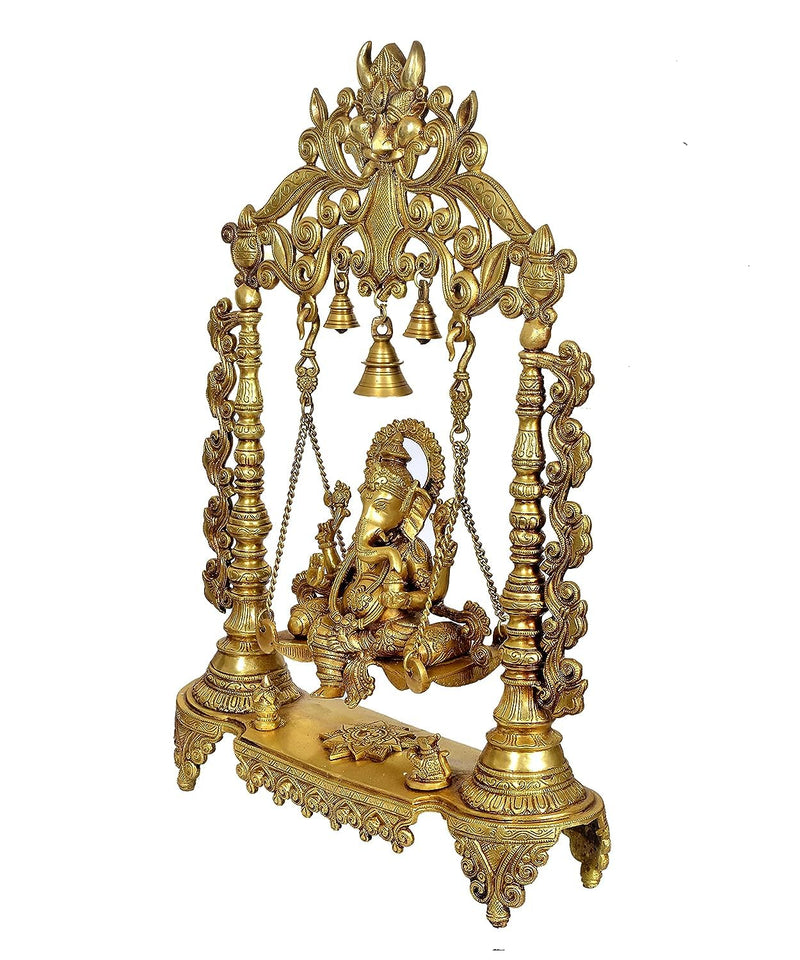 Brass Ganesha Swing Statue Idol with Bells for Home Decor | Height : 27 Inches | Weight : 17 KG (Golden)