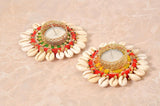 Two Diwali diya tea light holders with gold filigree, cream shell petals, multicolor bead accents