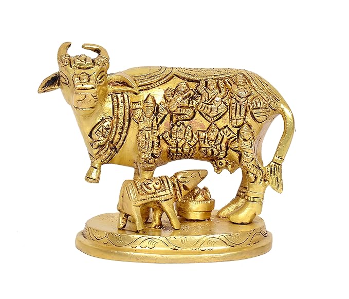 Brass Cow with Calf Pooja Mandir Home Decor Golden (Height 4 Inch)