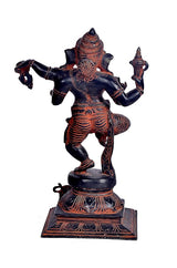 Dancing Ganesha idol, angled back view with four arms, dark blue base and red accents, 12 in