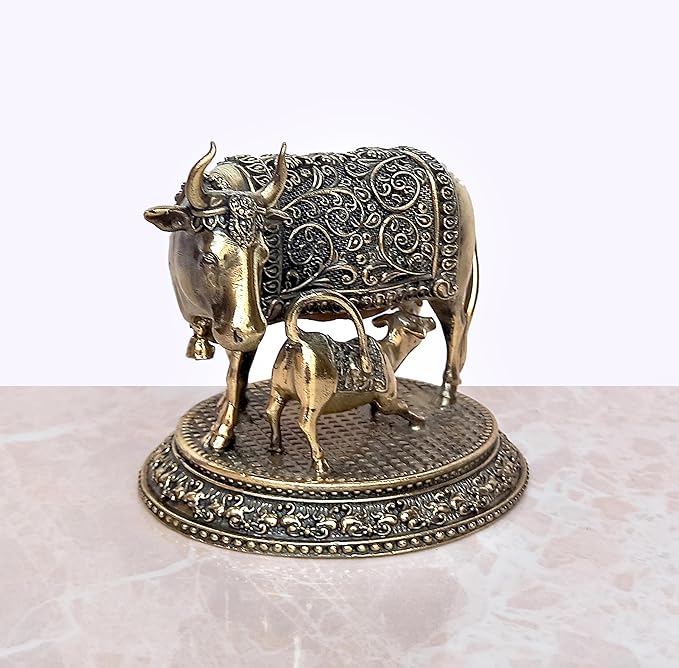 Fine Brass Cow with Calf Pooja Mandir Home Decor (Height 3 Inch)