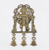 Bronze Panchmukhi Hanuman wall hanging idol with three bell charms below, centered view.