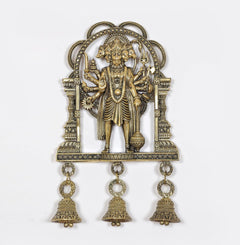 Bronze Panchmukhi Hanuman wall hanging idol with three bell charms below, centered view.