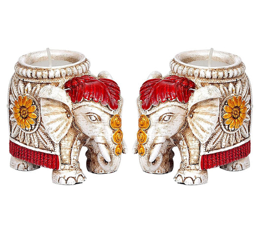 Resin Tea Light Candle Holder Elephant with Candle Holder for Diwali, navratra, Home and Office Decoration,Diya 2 pcs Set (Height: 3.5 Inches)