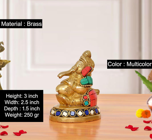 Brass Ganesha Statue Blowing The Conch Shell (Height: 3 inch)