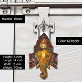 Brass Ganesha face door lock, 8 in, multicolored deity with arched shackle