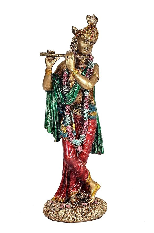 Cold Cast Krishna Playing Flute Multicolour in Resin for Home Office Mandir, Height : 10 Inch