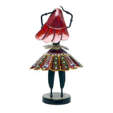Multicolour Rajasthani dancing doll figurine, red cap and gold mesh collar, on round base