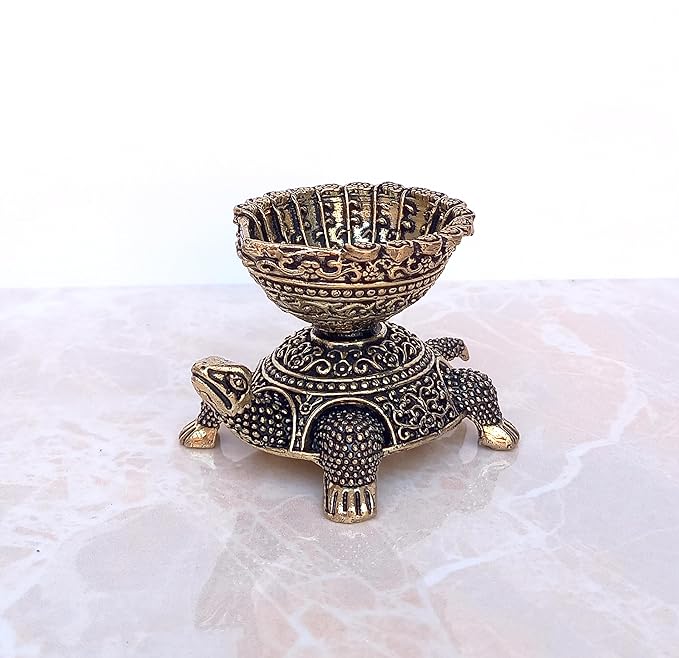 Brass Tortoise with Oil Lamp Diya Statue Pooja Mandir Home Decor Decorative & Gift Item (Height: 2 Inch)