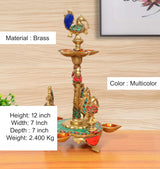 Brass peacock oil lamp stand, multicolored details; 12 inch height with side cups