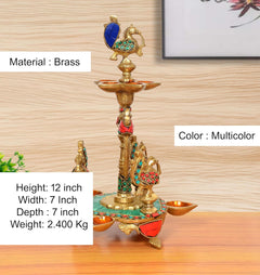 Brass peacock oil lamp stand, multicolored details; 12 inch height with side cups