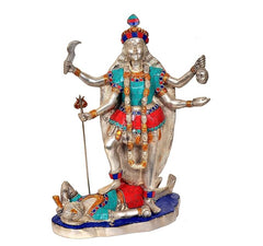 Kali Maa deity statue, 14 inch, jeweled crown, arms raised, multicolor dress