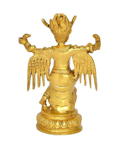 Brass Garun Bhagwan idol statue, back view with feathered wing ornaments and base