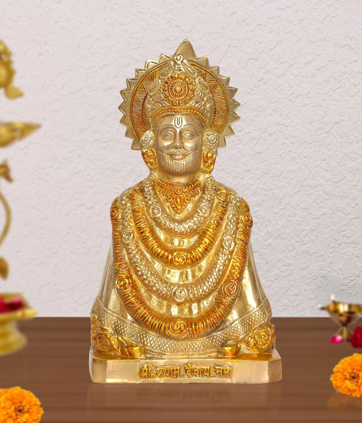 Brass Khatu Shyam idol statue, crowned head with halo and engraved necklaces