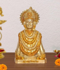 Brass Khatu Shyam idol statue, crowned head with halo and engraved necklaces