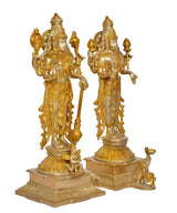 Brass idol pair of Lakshmi and Vishnu, side angle with raised hands, 15-inch bases