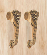 Brass Ganesha face door handle pair, curved striped stems with carved end caps.