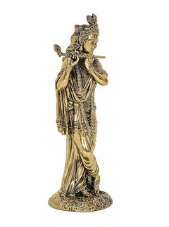 Brass Lord Krishna figurine playing flute, tall standing pose with detailed carvings
