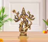 Brass Durga idol with raised trident and many arms, seated pose, 5 inch