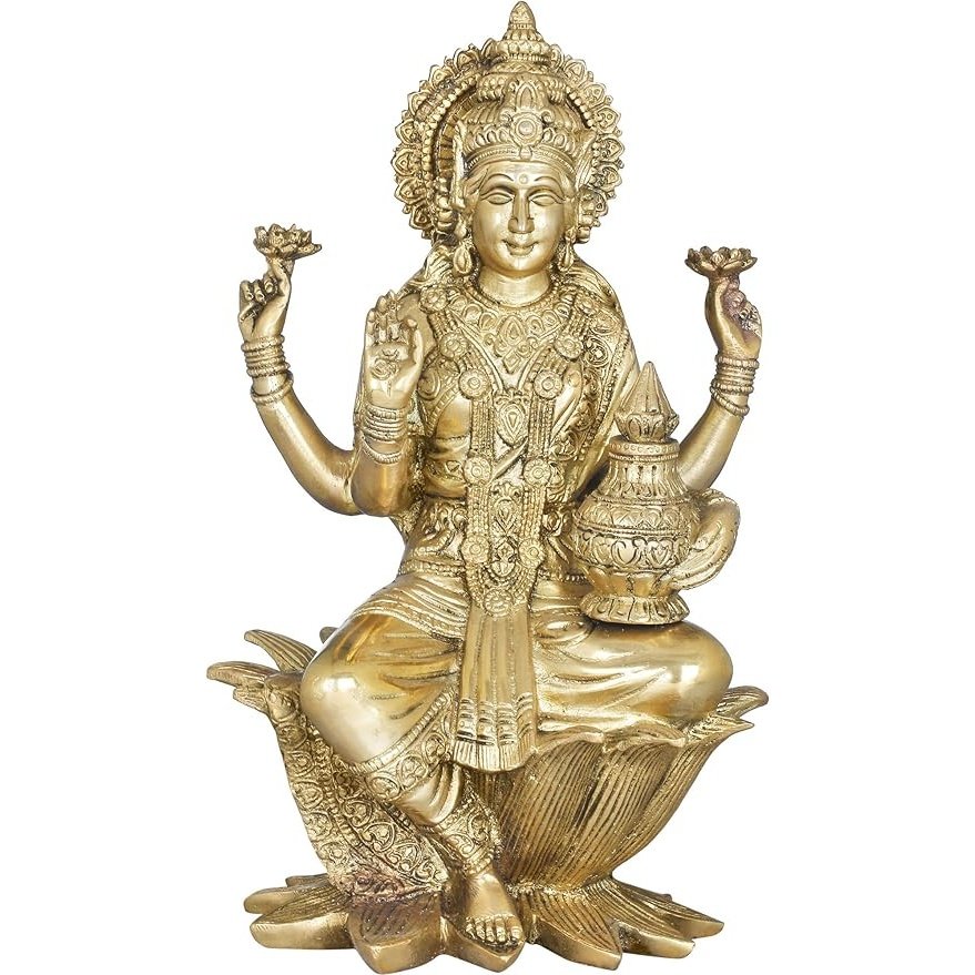 Brass Lakshmi idol statue sitting on lotus, raised hands, ornate jewelry, 12 inch